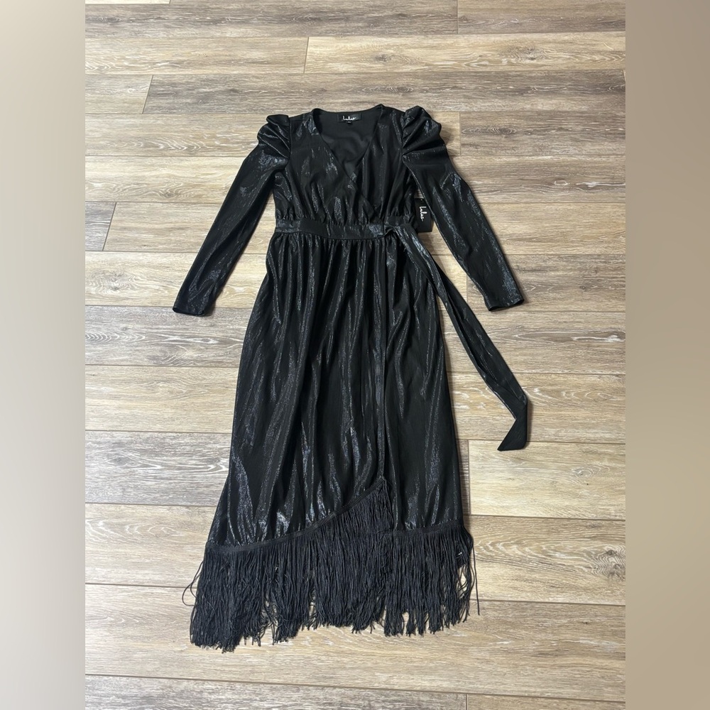 Lulus Wrap Dress Sz S Dream Big Metallic Black Fringe Flapper Holiday Party NWT